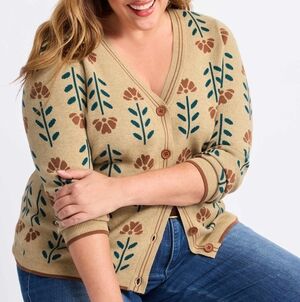 Daniel Rainn Mustard Floral Button-Front Cardigan with Rust & Teal Accents